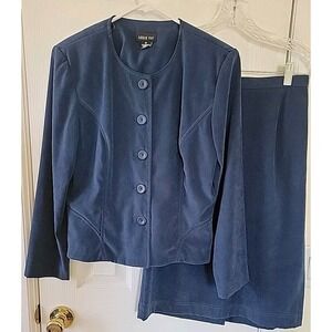 Vintage Leslie Fay Skirt Suit Size 8P Long Sleeve Blue Button Zip Elastic